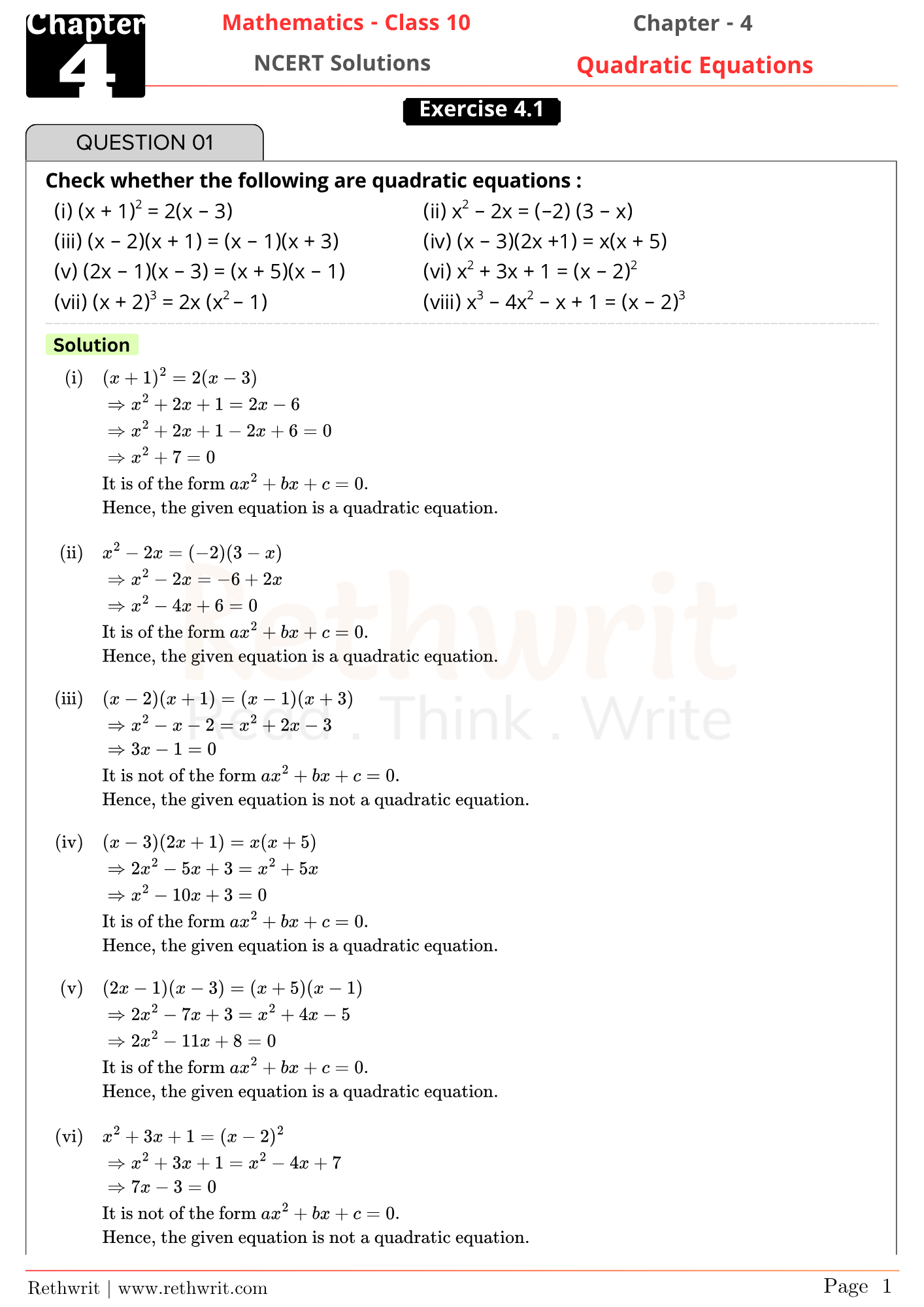 NCERT Solutions for Chapter 4 - Quadratic Equation | Class 10 Maths